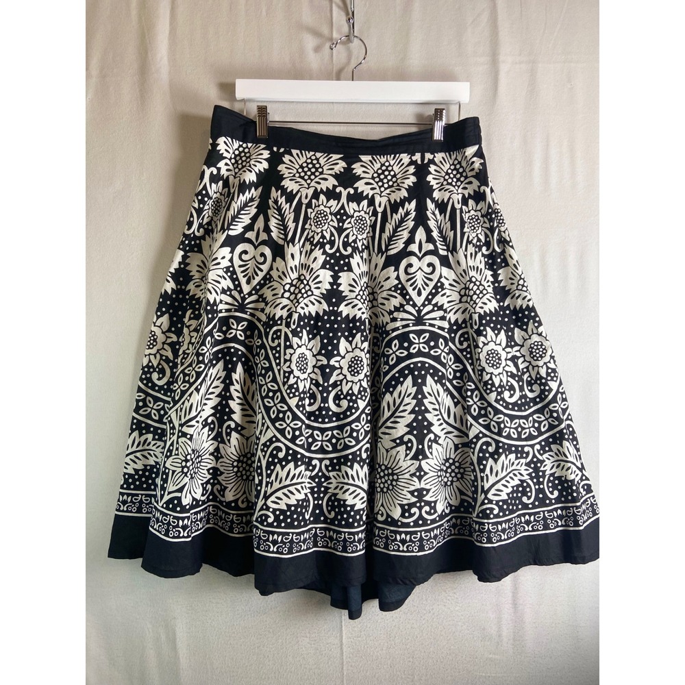 S W Black White Floral Cotton Midi Skirt XL Boho A-Line Woodblock Print